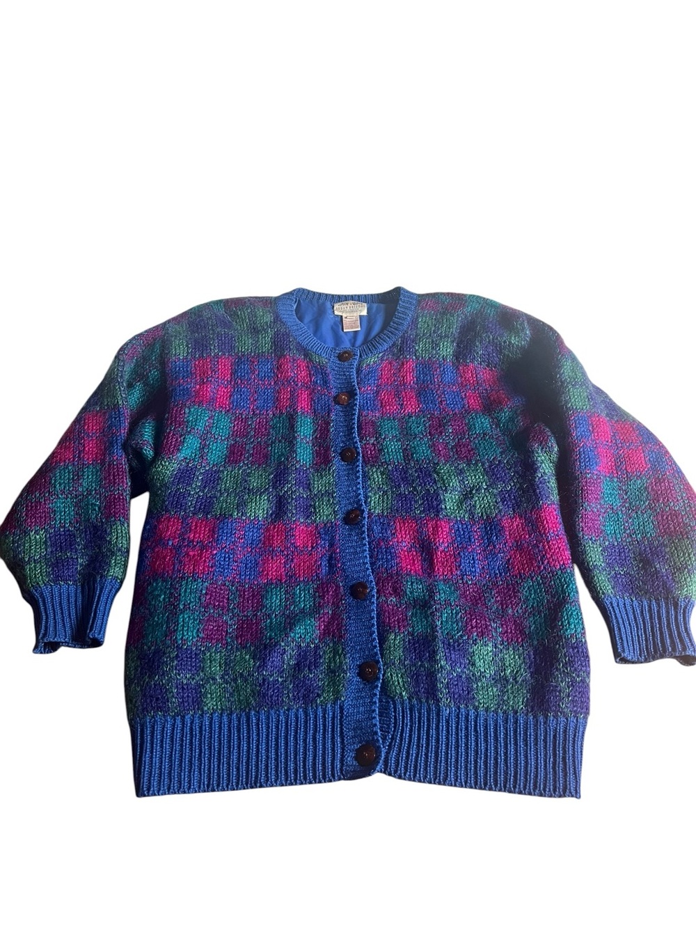 Vintage 1991 Susan Bristol Mohair Wool Sweater Jacket Blue Pink M Oversized